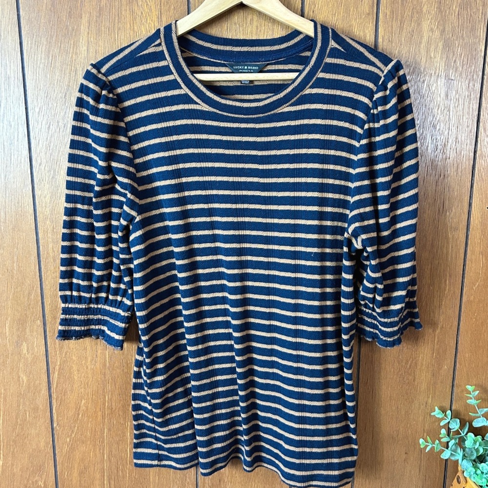 Lucky Brand Striped Ribbed Puff Sleeve Crew Neck Top Size L Navy Tan‎ Preppy